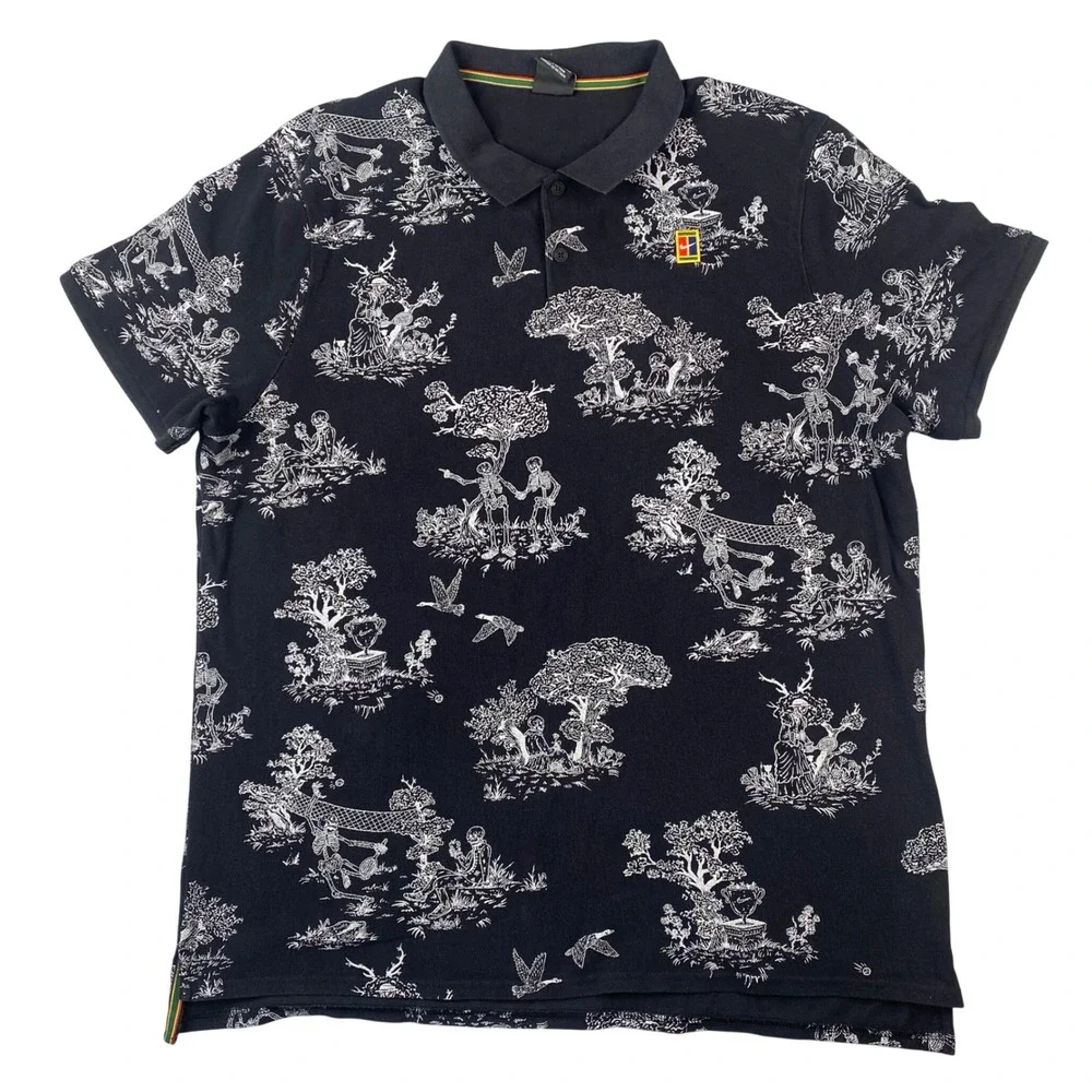 Vintage Andre Agassi Nike Tennis Shirt Men's XL Black Polo AOP Print Skeleton